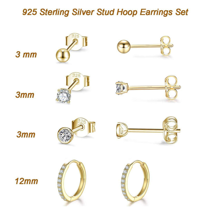 [Australia] - Gulicx 4 Pairs Sterling Silver Stud Hoop Earrings for Women Girls, Hypoallergenic 3mm Small Round Ball Cubic Zirconia Stud Earring12mm Cartilage Sleeper Hoop Earring Set, Color: Silver/Gold/Rose Gold Gold Earrings Set 