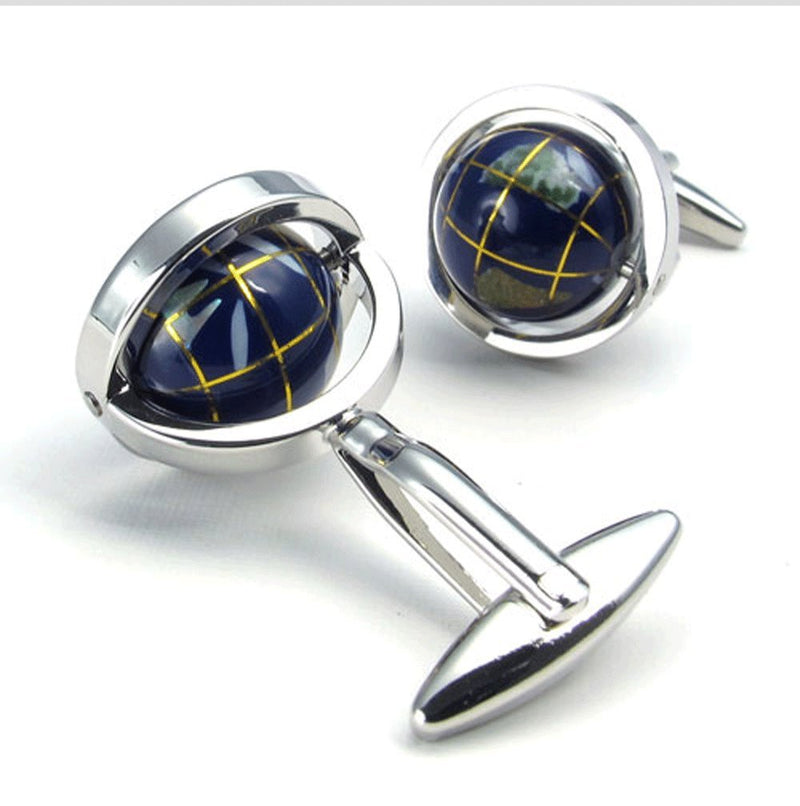 [Australia] - LBFEEL Really Spins Rhodium Plated Blue Globe Earth Cufflinks for Men with a Gift Box 