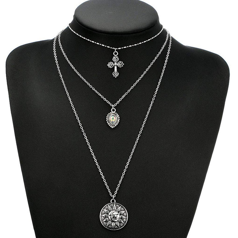 [Australia] - Yalice Silver Layered Coin Necklace Chain Cross Choker Necklaces Water Drop Jewelry for Women and Girls 