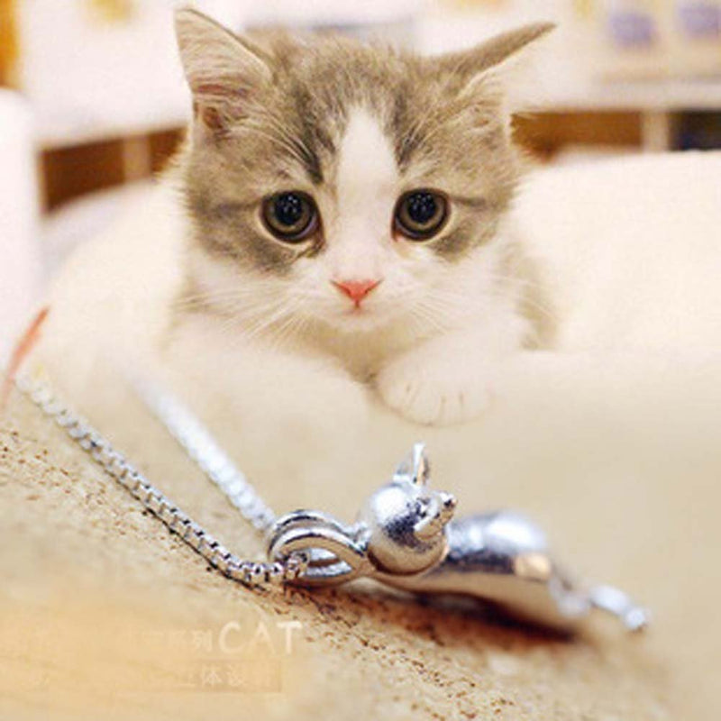 [Australia] - findout Women 3D Cat Necklace Silver Cat Pendant Necklace With Curb Chain 18in For Girls Childen(f1581m) 