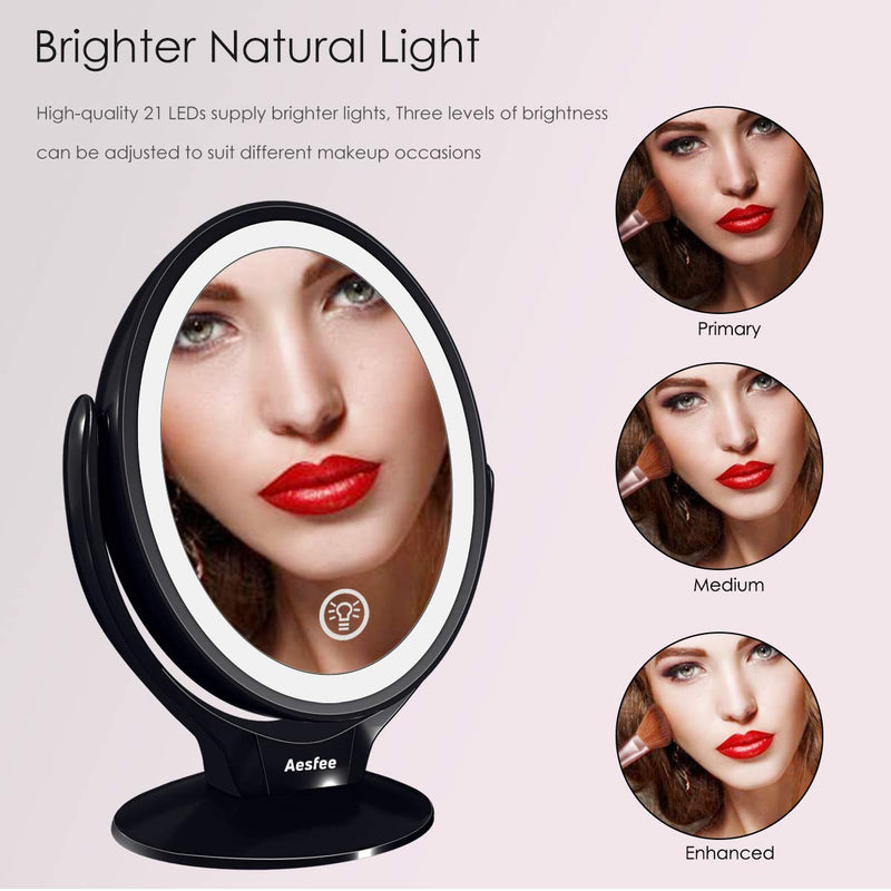 [Australia] - Aesfee LED Lighted Makeup Vanity Mirror Rechargeable,1x/7x Magnification Double Sided 360 Degree Swivel Magnifying Mirror with Dimmable Touch Screen, Portable Tabletop Illuminated Mirrors - Black 