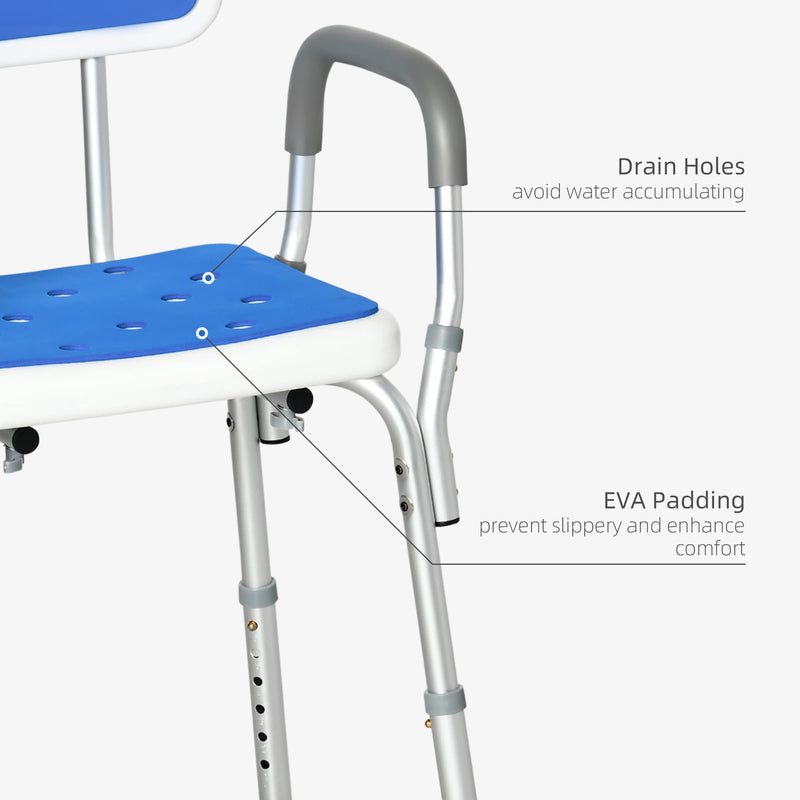 [Australia] - HOMCOM EVA Padded Shower Chair for the Elderly and Disabled, Height Adjustable Shower Stool with Back and Arms, 4 Suction Foot Pads, Blue 