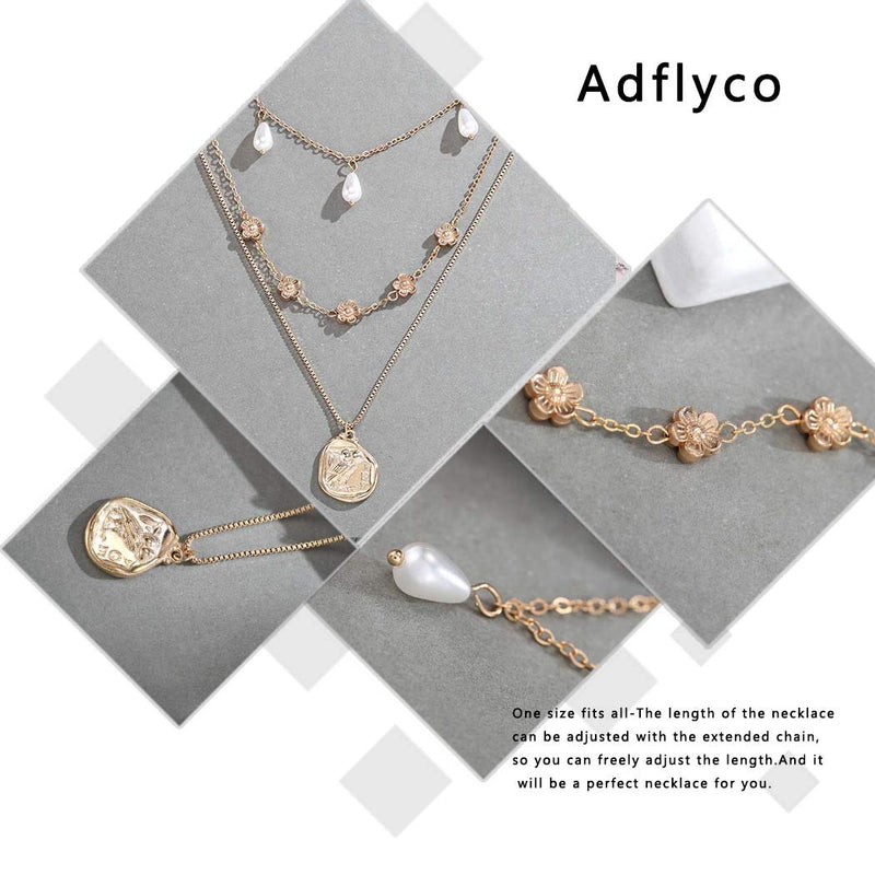 [Australia] - Adflyco Boho Layered Pearl Choker Necklace Gold Flower and Coin Pendant Necklaces Chain Jewelry Adjustable for Women and Girls 