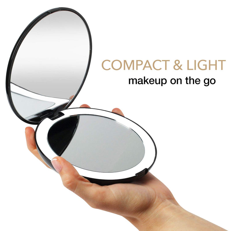[Australia] - Fancii LED Lighted Travel Makeup Mirror, 1x/10x Magnification - Daylight LED, Compact, Portable, Large 5” Wide Illuminated Folding Mirror Black 
