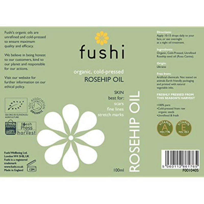 [Australia] - Fushi Organic Rosehip Seed Oil 100 ml | min Vitamin E 18.3 mcg/g | Fresh-Pressed | Best for Scars, Fine Lines & Stretch Marks | Ethical & Vegan Society Approved | Manufactured in the UK 100ml 