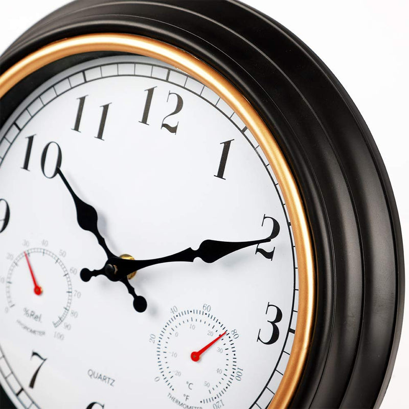 [Australia] - HYLANDA 12 Inch Indoor/Outdoor Retro Silent Non Ticking Wall Clock with Thermometer&Hygrometer Combo, Decorative Wall Clocks Battery Operated for Kitchen Home Bathroom Patio(Black Gold) 12 Inch Black-gold 