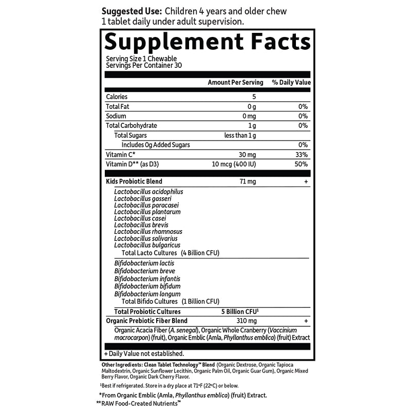 [Australia] - Garden of Life Dr. Formulated Probiotics Organic Kids+ Plus Vitamin C & D - Berry Cherry - Gluten, Dairy & Soy Free Immune & Digestive Health Supplement, No Added Sugar, 30 Chewables (Shelf Stable) 