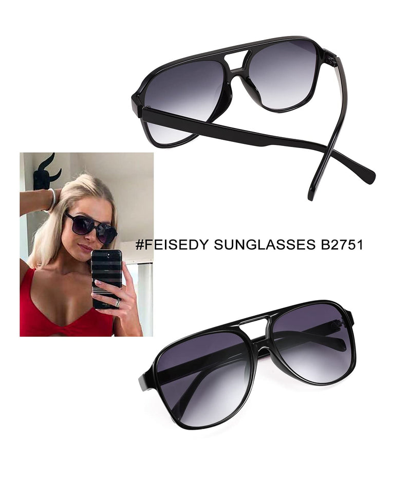 [Australia] - FEISEDY Vintage Retro 70s Plastic Aviator Sunglasses Women Men Classic Large Squared Frame B2751 Black 60 Millimeters 