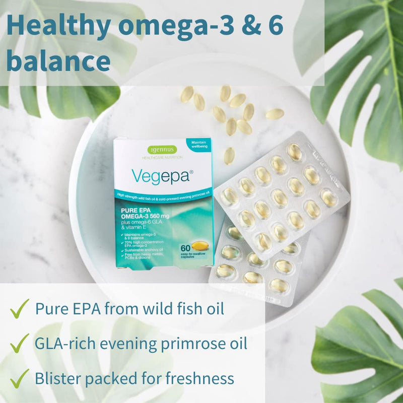 [Australia] - Vegepa Omega-3-6 Essential Fatty Acids, Wild Fish Oil & Evening Primrose Oil, 560mg EPA Omega-3 per Serving, 60 Capsules 