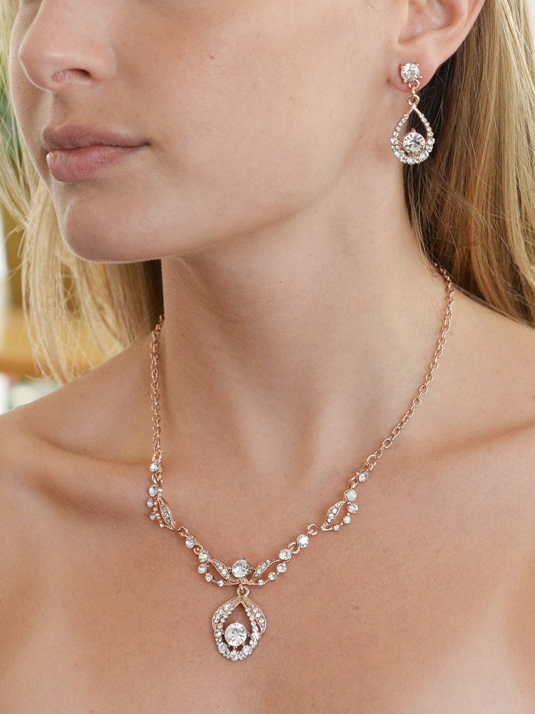 [Australia] - Mariell 14K Rose Gold Vintage Crystal Necklace and Earrings Jewelry Set for Prom, Bridal and Bridesmaids 