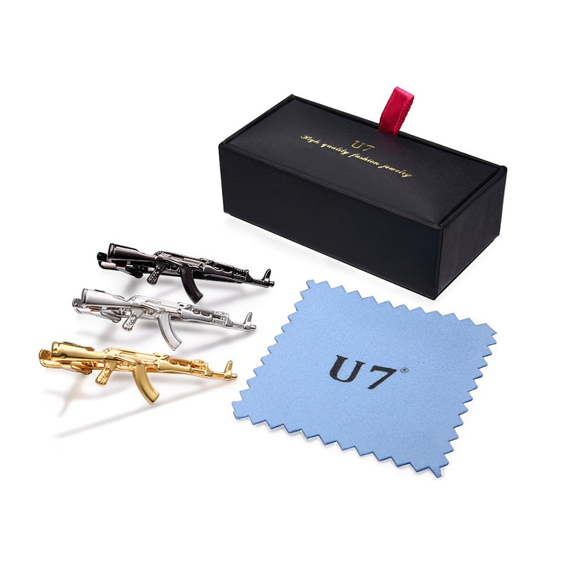 [Australia] - U7 Men Tie Clips for Wedding Anniversary Tie Clip Cufflinks Platinum/Black/Gold/Rose Gold Regular Tie Bar 1-6 Pcs,Customizable D.3Pcs Set 