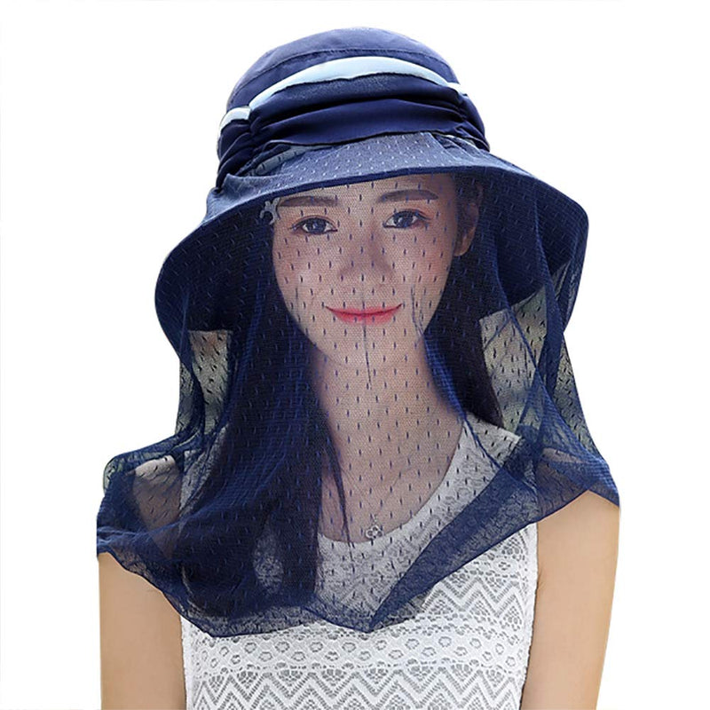 [Australia] - Women Bucket Hat Wide Brim Sun Hat with Mosquito Head Net Veil Beach Sunhat Elegant Ladies Hat for Wedding Evening Party Outdoor Sun Protection Hat Cap for Cycling Gardening Beekeeping Camping Navy blue 