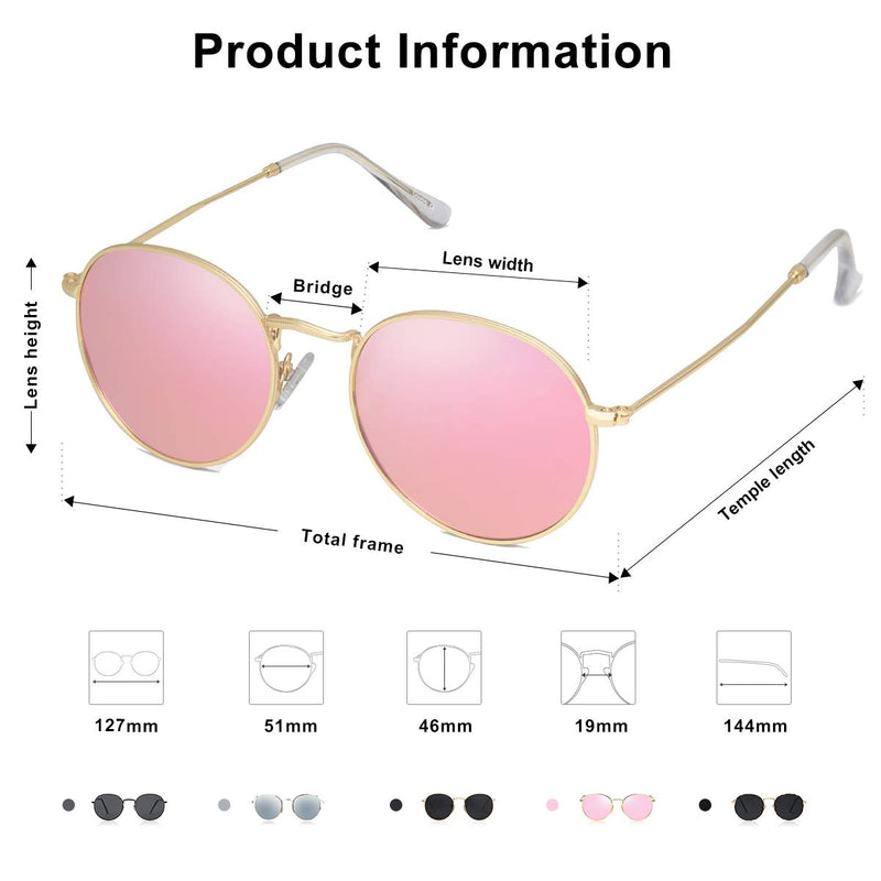 [Australia] - SOJOS Small Round Polarized Sunglasses for Women Men Classic Vintage Retro Frame UV Protection SJ1014 C3 Gold Frame/Pink Mirrored Lens 51 Millimeters 