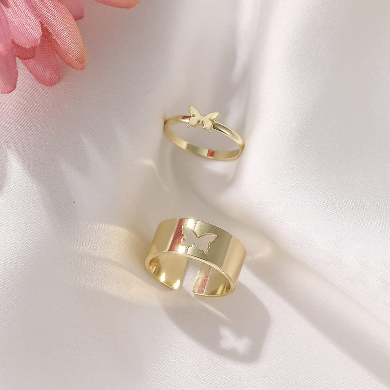 [Australia] - 2Pcs Butterfly Rings for Women，Butterfly Heart Pinky Promise Couple Matching Friendship Cute TikTok Trendy Dainty Rings Set for Teen Girls Gold Plated Funky Split Simple Gifts Jewelry Golden 