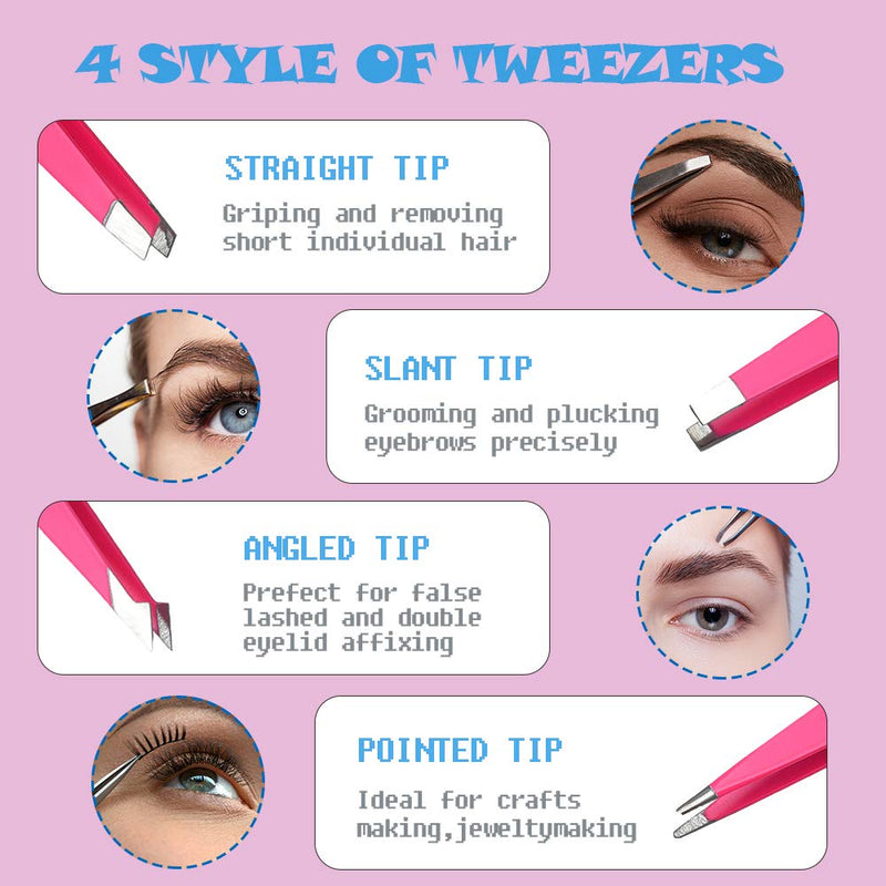 [Australia] - Tweezers Set,ABOLINE 4 Pieces Professional Stainless Steel Tweezers, Best Precision Tweezers for Eyebrows, Ingrown&Facial Hair,Blackhead and Lash Extension with Travel Bag No Bend Hair Clips(Hot Pink) Hot Pink 