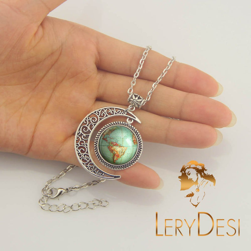 [Australia] - Moon jewelry Vintage Globe necklace Planet Earth World Map Art pendant World Map necklace BFF Gifts 18 inch 