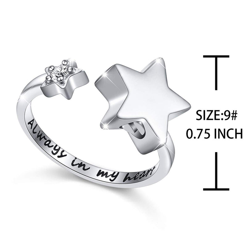 [Australia] - Ladytree S925 Sterling Silver Always in My Heart Cremation Urn Ring Star Memorial Ashes Keepsakes Open Finger Ring Jewelry for Women 7 