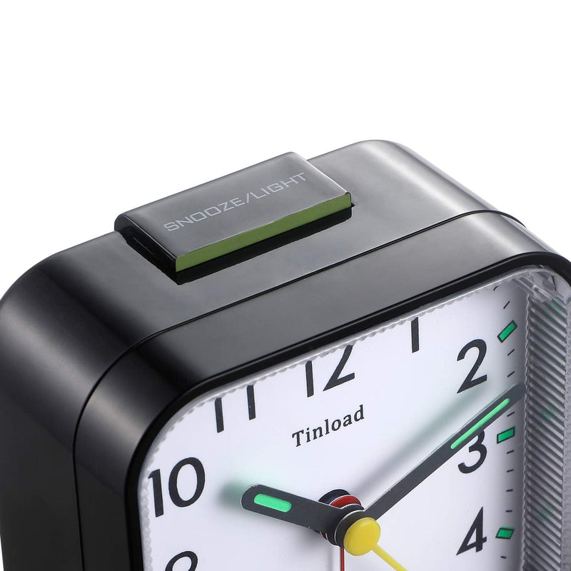 [Australia] - Tinload Small Battery Operated Analog Alarm Clock Silent Non Ticking, Ascending Beep Sounds, Snooze,Light Functions, Easy Set(Black) Black 