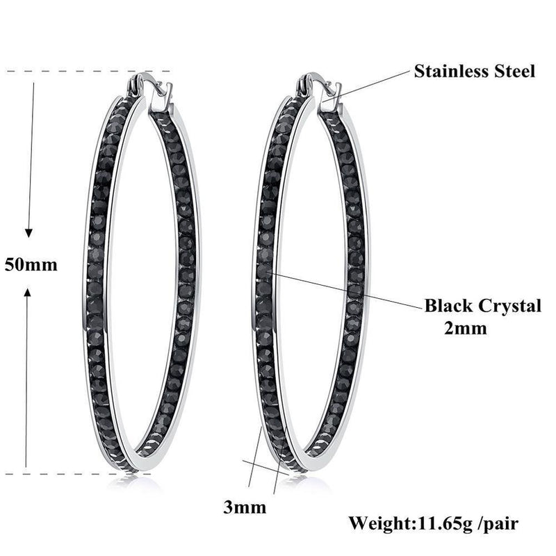[Australia] - CiNily Mult-colors Crystal Stainless Steel Hoop Earring for Women Hypoallergenic Jewelry for Sensitive Ears Large Big Hoop Earrings 2" Black 