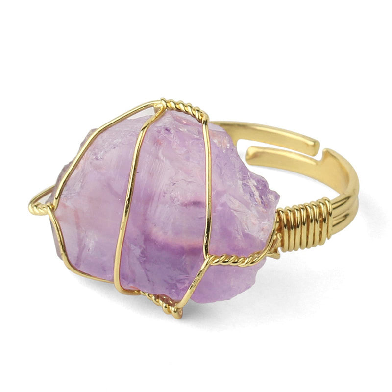 [Australia] - Colorful Personality Chakra Wire Wraped Natural Stone Crystal Finger Ring for Women Girl Men Boy Rock Clear Quartz Gemstone Amethyst Opening Adjustable Ring Healing Jewelry Gift A purple 