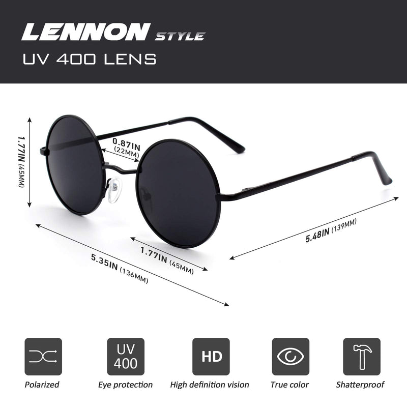 [Australia] - CGID E01 John Lennon Round Polarized Unisex Sunglasses with Case, Gift Package, 3 Sizes A Black Frame Black Lens & Silver Frame Blue Lens Mirrored 45 Millimeters 