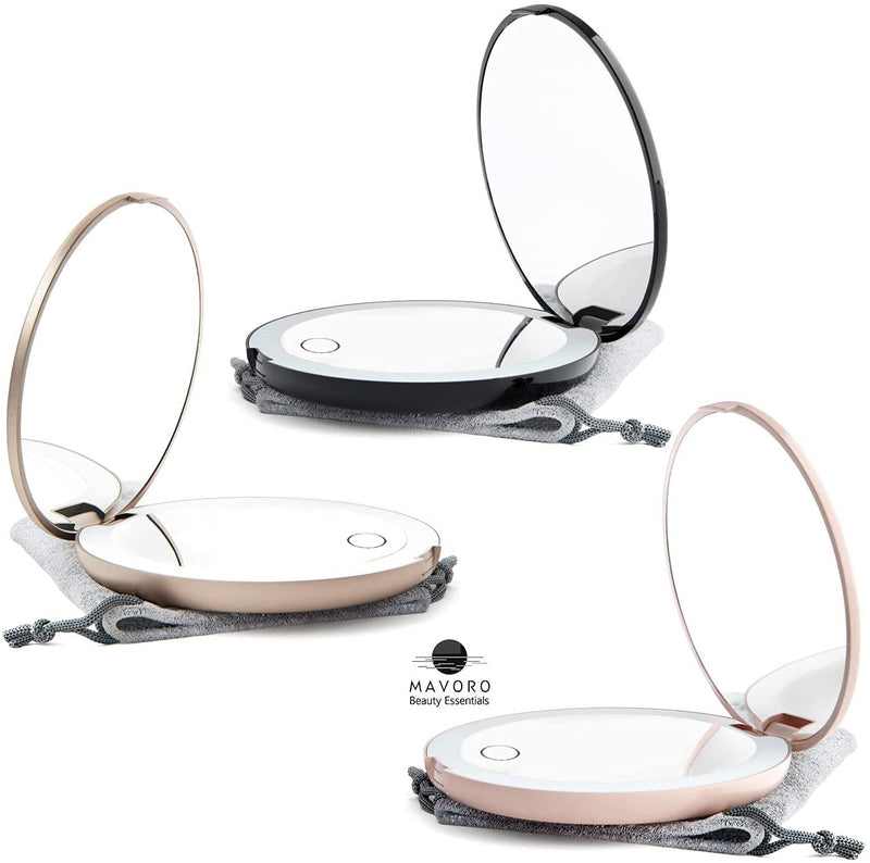 [Australia] - Mavoro LED Lighted Travel Makeup Mirror, Rechargeable, 1x/10x Magnification - Daylight LED, Pocket or Purse Mirror, Small Travel Mirror. Folding Portable Mirror, Touch Sensor (Black) Black 
