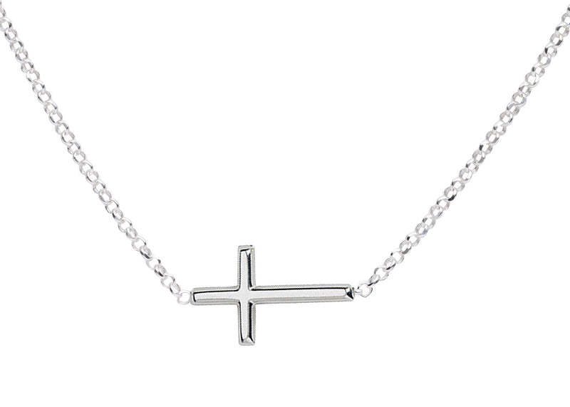 [Australia] - Sterling Silver First Communion Sideways Horizontal Cross Necklace for Girls and Women 14" 