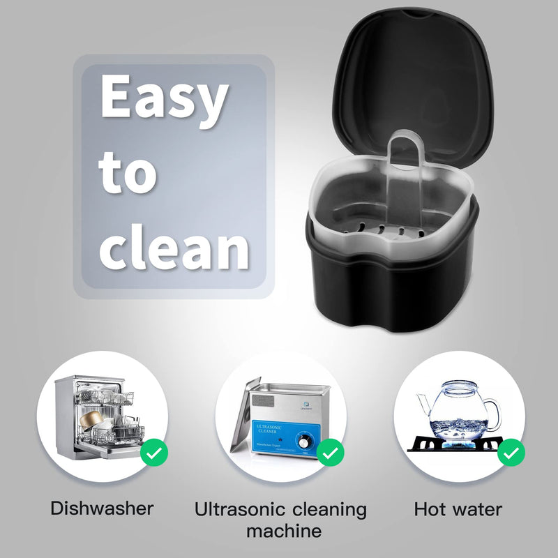 [Australia] - 1 Pcs Denture Cleaning Box with Drainage Baskets, Durable Denture Bath, Black 