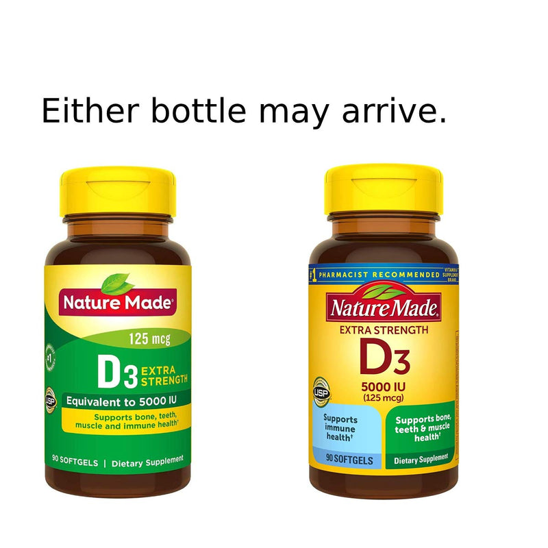 [Australia] - Nature Made Extra Strength Vitamin D3 5000 IU (125 mcg), Dietary Supplement for Immune Support, 90 Softgels, 90 Day Supply 90 Count (Pack of 1) 