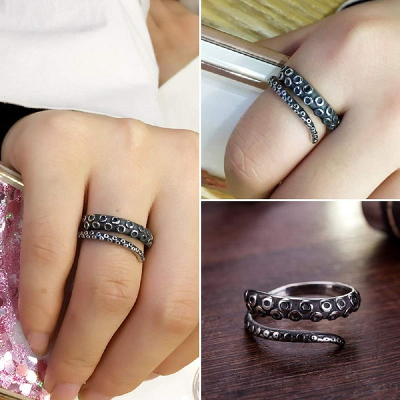 [Australia] - BYONDEVER Vintage Punk Silver Black Chinese Dragon Snake Dragon Claw Skull Rings Jewelry Gothic Alloy Open Adjustable 9PCS 
