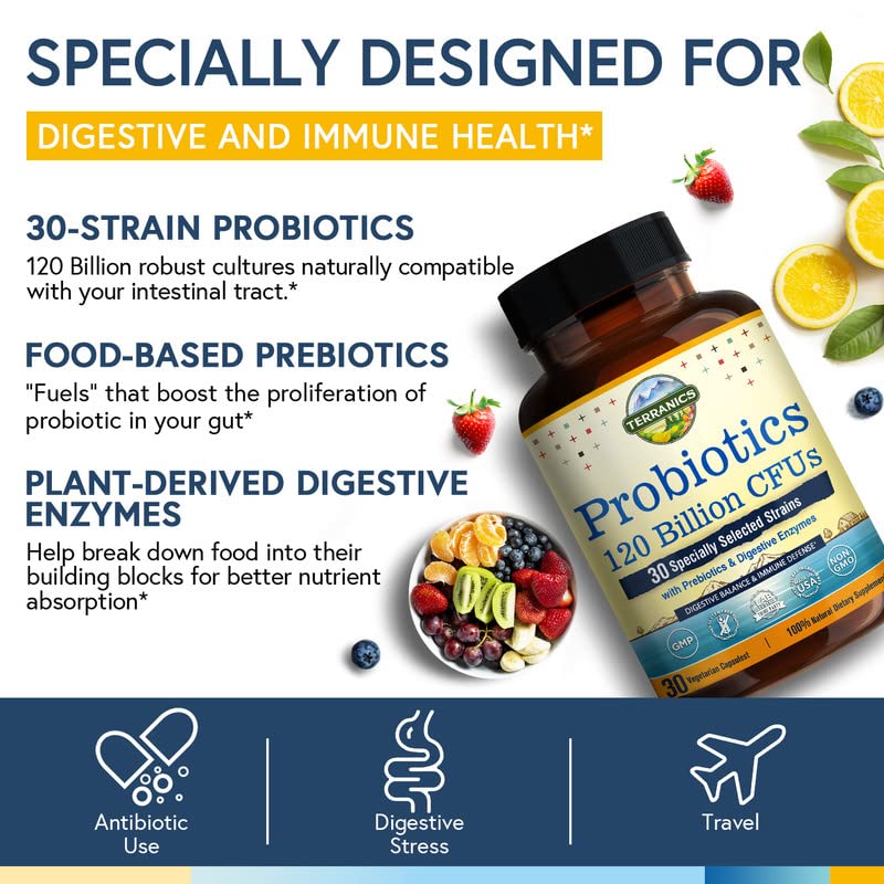 [Australia] - Terranics Probiotics 120 Billion with Prebiotics & Digestive Enzymes, 30 Tested Strains, Complete Digestion & Immune Support, Non-GMO, NO Soy, Dairy & Gluten, for Men and Women, 30 Veggie Capsules 