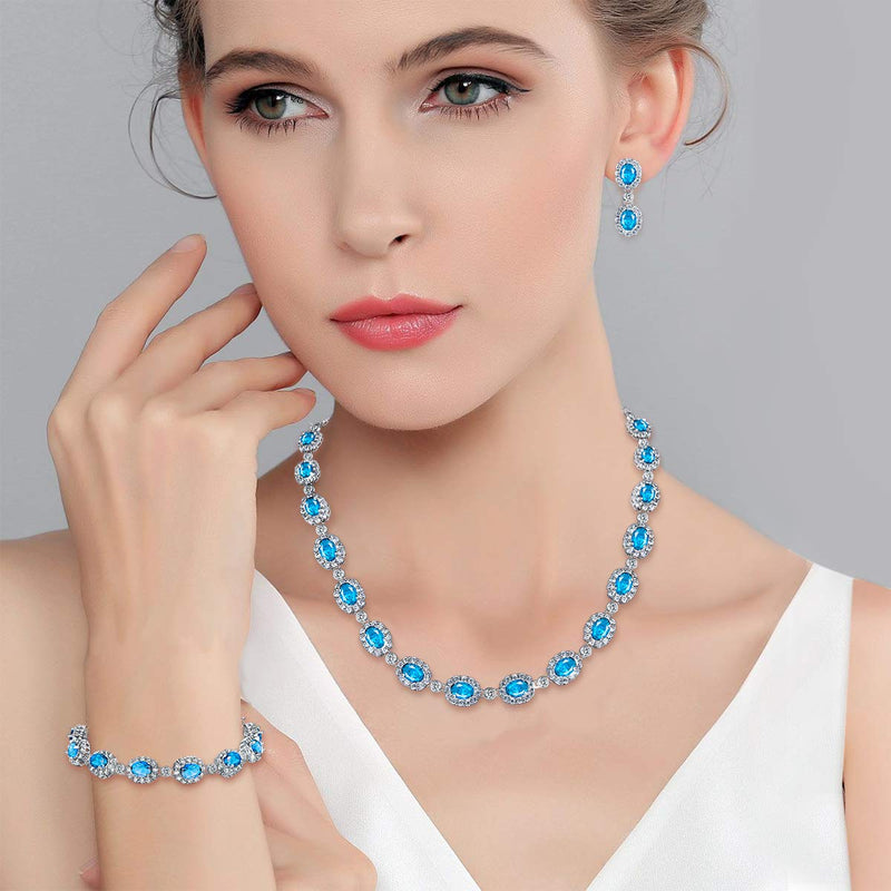 [Australia] - EVER FAITH Women's Gorgeous CZ Luxury Bridal Oval Shaped Necklace Earrings Bracelet Set Silver-Tone Light Blue 