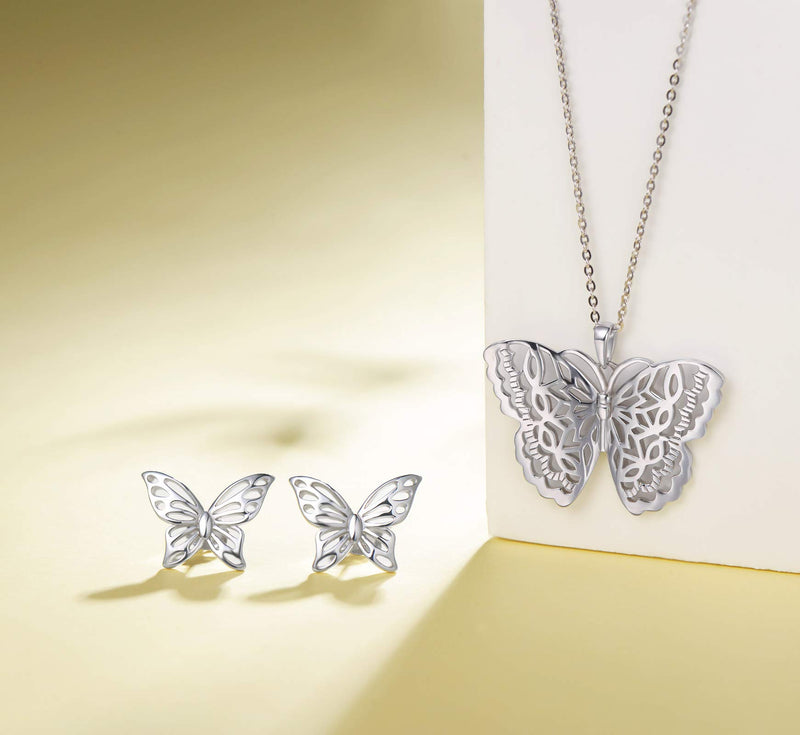 [Australia] - FANCIME Sterling Silver Vivid Butterfly Stud Earrings/Necklace Open Filigree/High Polished Cute Animals Creative Dainty Fine Jewelry Set Gifts for Women Teen Girls Necklace 