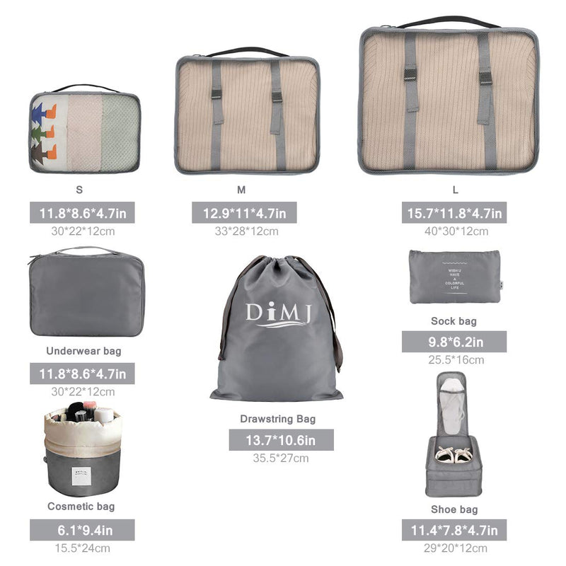 [Australia] - DIMJ 8 Pack Packing Cubes for Suitcase, Travel Luggage Organiser Set, Suitcase Organiser Bags for Clothes, Shoes, Cosmetics, Toiletries (8 Pack, Grey) 