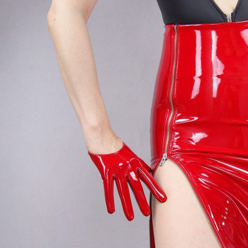 [Australia] - DooWay Fashion Short Latex Dress Gloves for Women Costume Wet Look Faux Patent Leather Red 