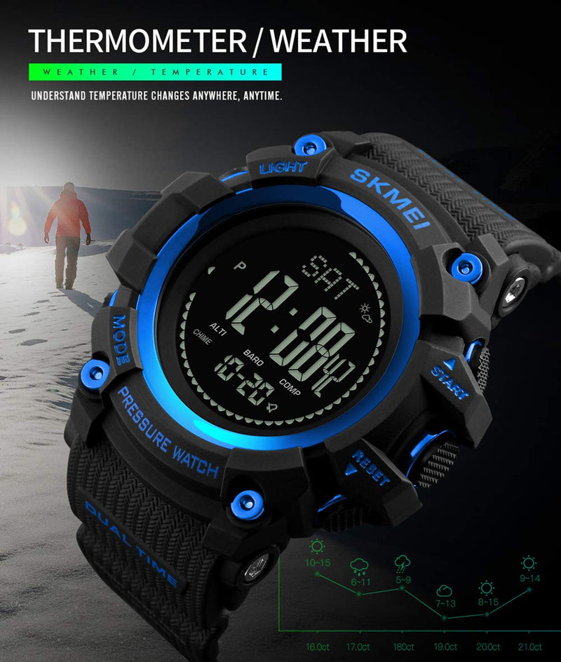 [Australia] - Mens Outdoor Sports Army Watches Pedometer Calories Digital Watch Altimeter Barometer Compass Thermometer Weather Men Watch Blue 