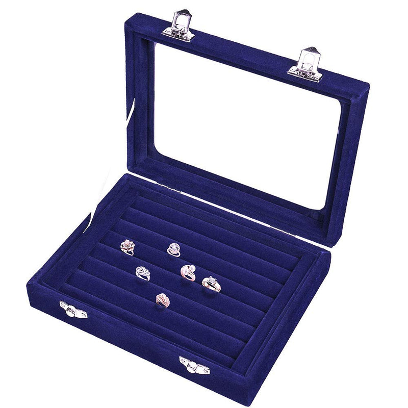 [Australia] - Pasutewel Velvet Glass Ring Jewellery Display Storage Box Jewelry Holder Storage Organizer Stand 7 Slots (Blue) Blue 