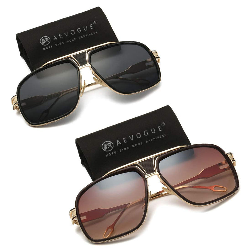 [Australia] - AEVOGUE Sunglasses For Men Goggle Alloy Big Frame Metal Punk Style Shield AE0336 2 Pack/Gold Frame Grey Lens+gold Frame Brown Lens 