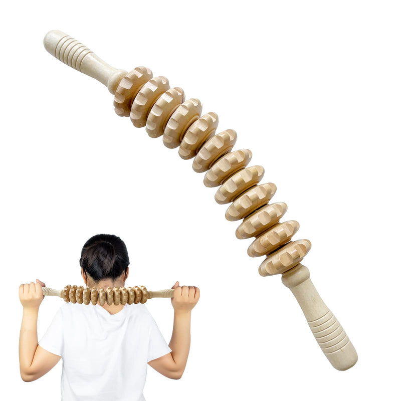[Australia] - Wooden Massager Handheld Roller,Trigger Point Massager Stick for Fascia,Cellulite,Body Therapy Massager,Muscle & Abdomen Muscle Belly Relief Tools-12 Rotatable Rollers Beige 