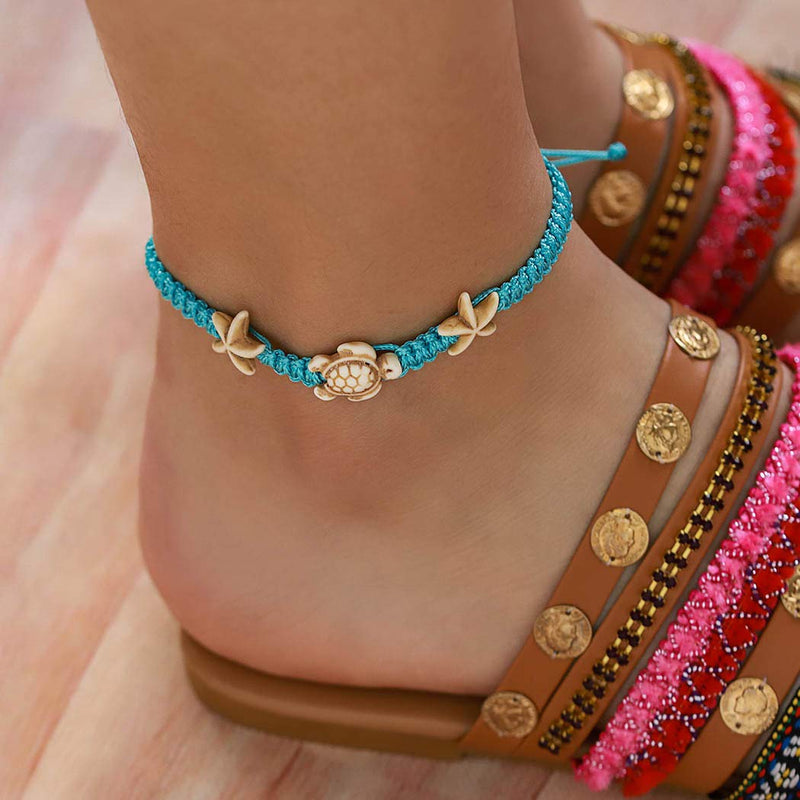 [Australia] - Yokawe Boho Turtle Ankle Bracelets Blue Starfish Anklet Summer Beach Barefoot Sandals Foot Jewelry for Women and Teen Girls 