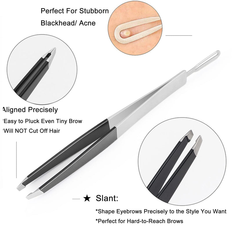 [Australia] - Precision Tweezers Professional Set 4pcs, Flat, Pointed, Slanted Tweezers for Eyebrows and Acne Needle, Tweezer Set for Men and Women with Leather Case, Also Ideal for Lash, Ingrown Hairs, Blackheads Black and Silver 