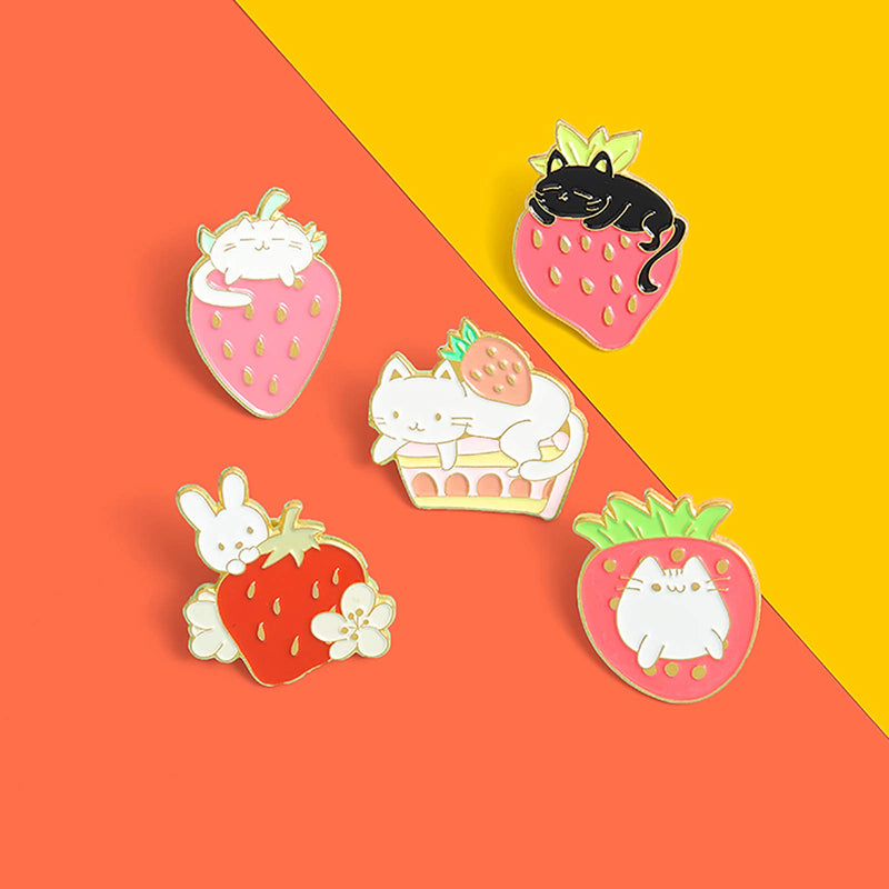 [Australia] - Sweet Strawberry Enamel Pins Set Cartoon Fruit Rabbit Cat Lapel Pins for Women Girl Cute Brooches Pin Badges for Clothing Backpacks 