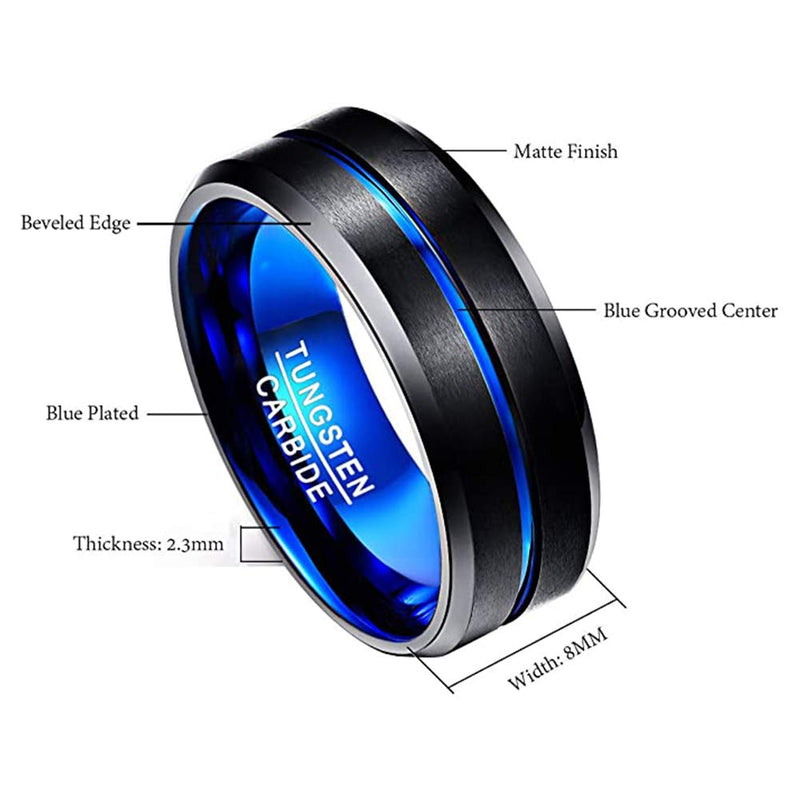 [Australia] - NUNCAD 4mm/6mm/8mm/10mm Tungsten Ring for Men Women Black/Blue/Gold/Rose Gold/Silver Groove Wedding Bands Beveled Edges Engraved I Love You Size 4 to 17 A-8mm-Black-Blue 