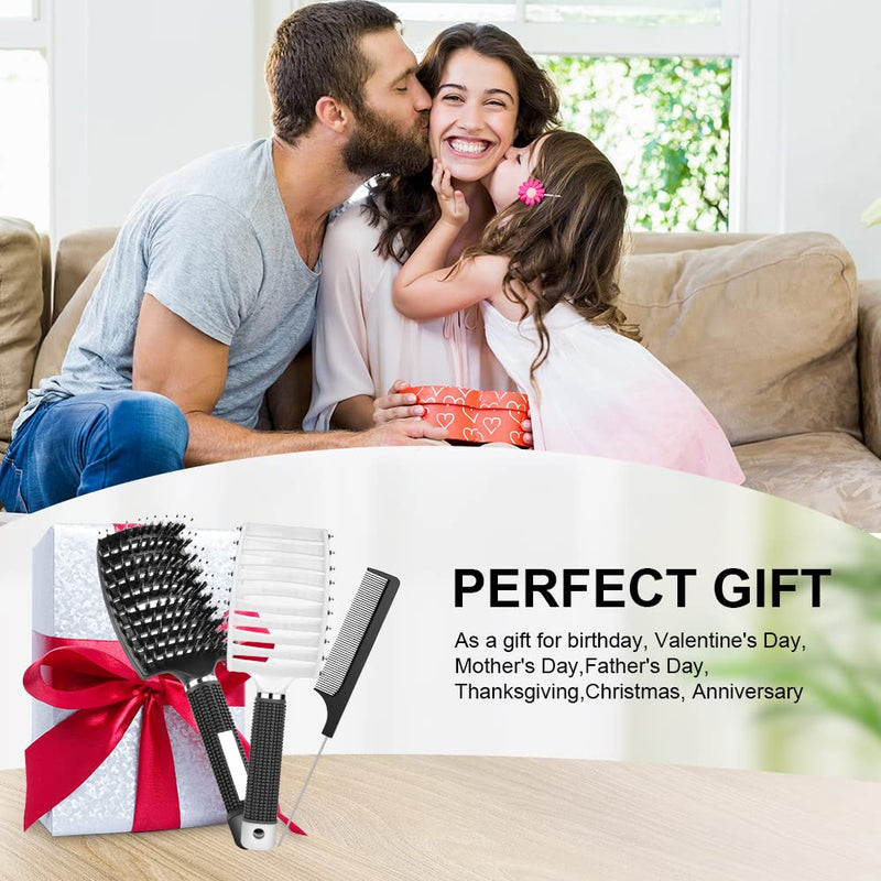 [Australia] - URAQT Hair Brush, 2 Pcs Boar Bristle Paddle Hairbrush with Tail Comb, Soft Massage Vent Brush for Men Women, Detangle Hair Brush for Long Thick Curly Hair, Reducing Hair Breakage (Black & White) Black & White 