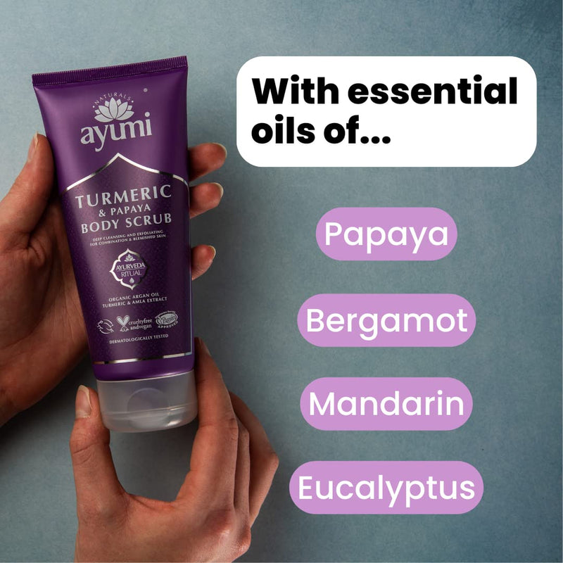 [Australia] - Ayumi Turmeric & Papaya Body Scrub, With Ground Olive Stones & Crushed Pumice Stone to Buff Away Dead Skin Cells, For Smooth & Radiant Skin 1 x 200ml 200 ml (Pack of 1) 
