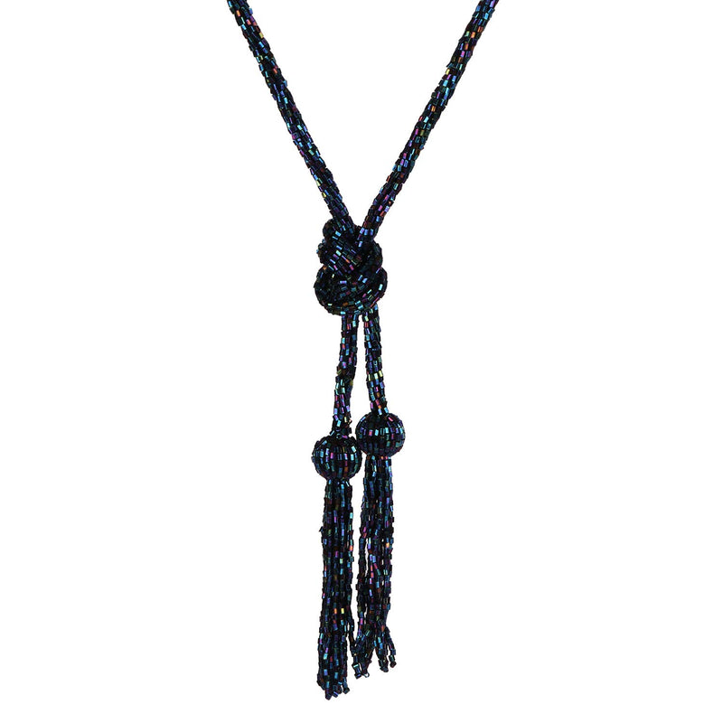 [Australia] - ASHI'S Collection Black Tube Seed Beads, Knotted 2 Tassels Long Necklace for Women and Girls (Black) 