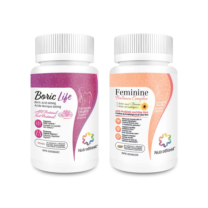 [Australia] - NutraBlast Boric Acid Vaginal Suppositories 600mg (30 Count) w/Feminine Balance Complex (60 Capsules) | Vaginal Detox & Cleanse | Supports Healthy Intestinal Flora & Immune System 