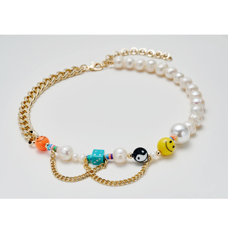 [Australia] - Happy Go Lucky Necklace Smiley Face Pearl Chain Necklace Y2k Yin Yang Rainbow Polymer Clay Beads Cute Creative Handmade Bohemia Charm Choker Necklace For Women Girls 