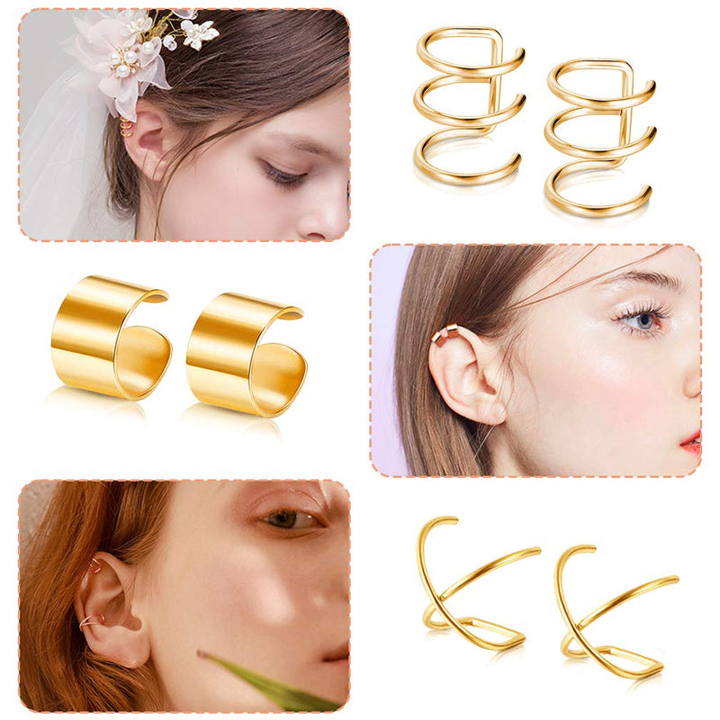 [Australia] - 18 Pairs Ear Cuff, Roctee 6 Styles Cartilage Clip On Earrings Set Stainless Steel Ear Clip Fake Cartilage Earring Non Piercing Helix Cartilage Ear Clip (Gold/Silver/Rose) 