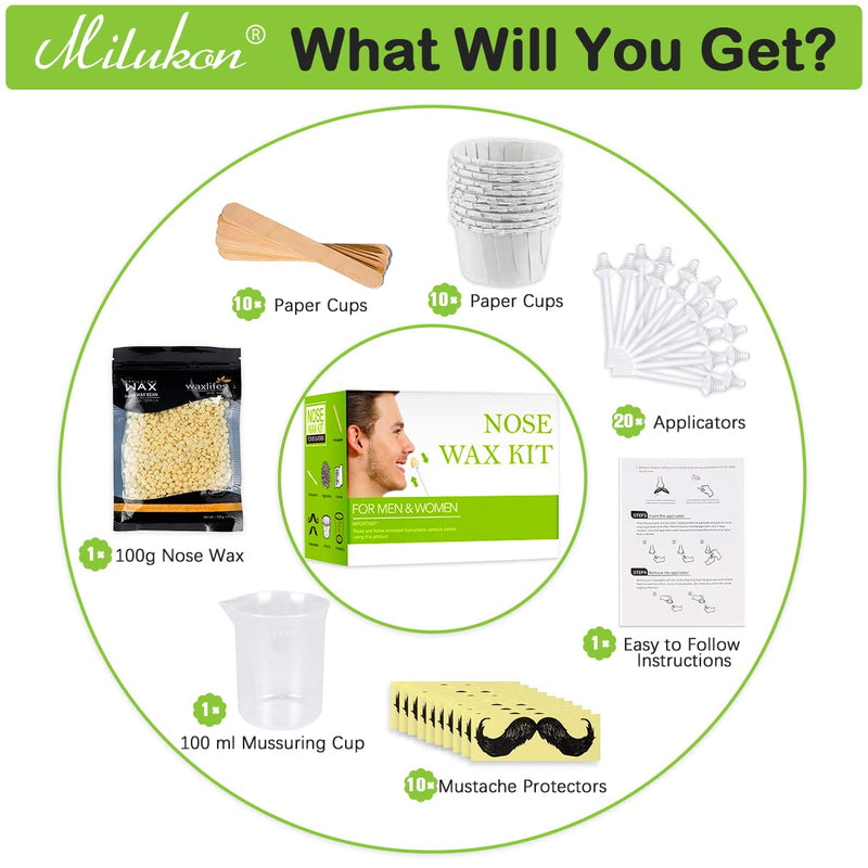 [Australia] - Nose Wax Kit 100g for Men & Women, Nose Hair Removal Wax with Nose Hair Wax 20 Safe Tip Applicator, 10 wooden Applicators, 10 Containers and 10Moustache Stencils Safe, Easy, Quick 